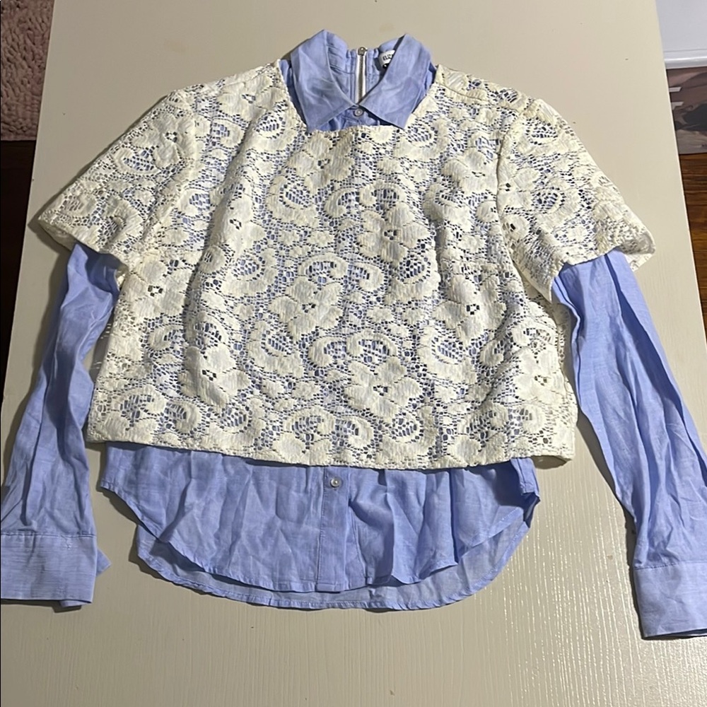 Elizabeth & James Blue & White Lace Overlay Shirt- Size Small